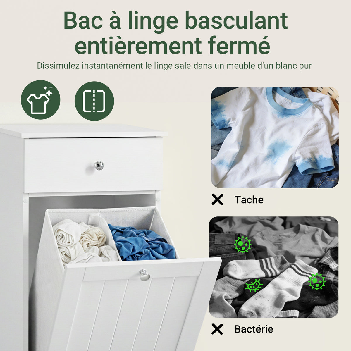 SoBuy BZR21-II-W Meuble Bas Salle de Bain Blanc 90 cm avec Panier à Linge Basculant 2 Compartiments, Tiroir et Étagère – Fermeture Silencieuse, MDF E1