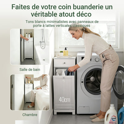 SoBuy BZR21-II-W Meuble Bas Salle de Bain Blanc 90 cm avec Panier à Linge Basculant 2 Compartiments, Tiroir et Étagère – Fermeture Silencieuse, MDF E1