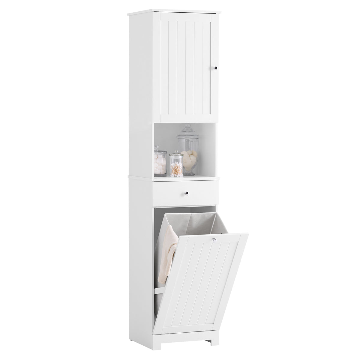 SoBuy BZR216-W Colonne de Salle de Bain avec Panier à Linge 45 L, Tiroir, Étagère Réglable et Porte Réversible – Charge 34 kg