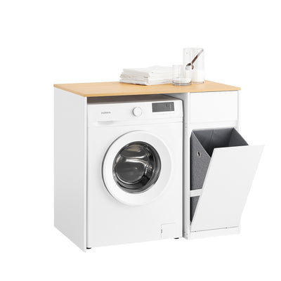 SoBuy BZR217-WN Meuble Machine à Laver – Meuble de Salle de Bain avec Panier à Linge et tiroir, pour Lave-Linge et sèche-Ling