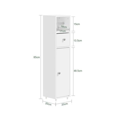 SoBuy BZR219-W Bathroom Cabinet 20 x 20 cm Narrow Toilet Cabinet with Roll Holder and Reversible Door, Compact Toilet Storage with Drawer and Adjustable Shelf