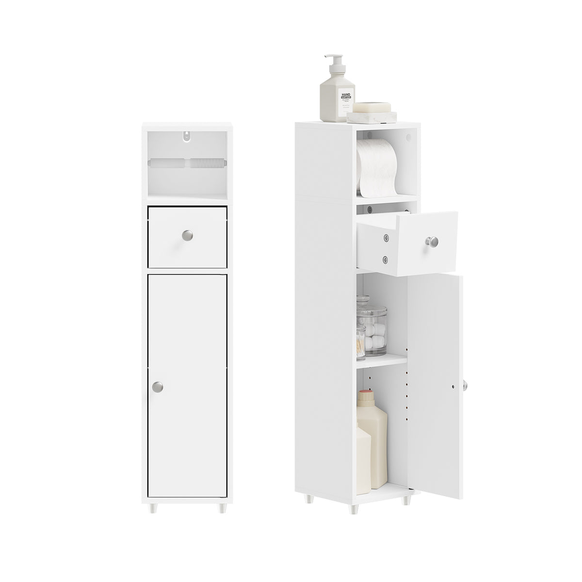 SoBuy BZR219-W Bathroom Cabinet 20 x 20 cm Narrow Toilet Cabinet with Roll Holder and Reversible Door, Compact Toilet Storage