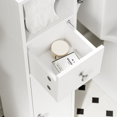 SoBuy BZR219-W Bathroom Cabinet 20 x 20 cm Narrow Toilet Cabinet with Roll Holder and Reversible Door, Compact Toilet Storage with Drawer and Adjustable Shelf