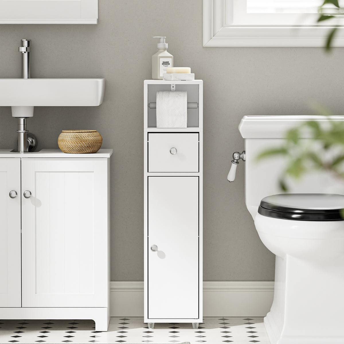 SoBuy BZR219-W Bathroom Cabinet 20 x 20 cm Narrow Toilet Cabinet with Roll Holder and Reversible Door, Compact Toilet Storage with Drawer and Adjustable Shelf