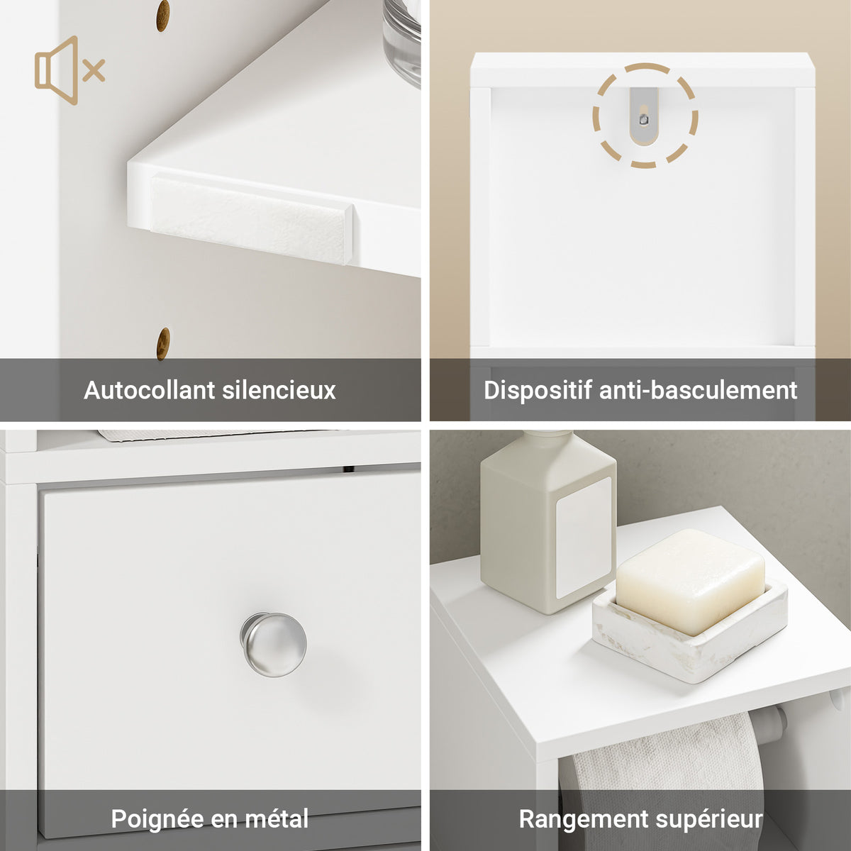 SoBuy BZR219-W Bathroom Cabinet 20 x 20 cm Narrow Toilet Cabinet with Roll Holder and Reversible Door, Compact Toilet Storage with Drawer and Adjustable Shelf