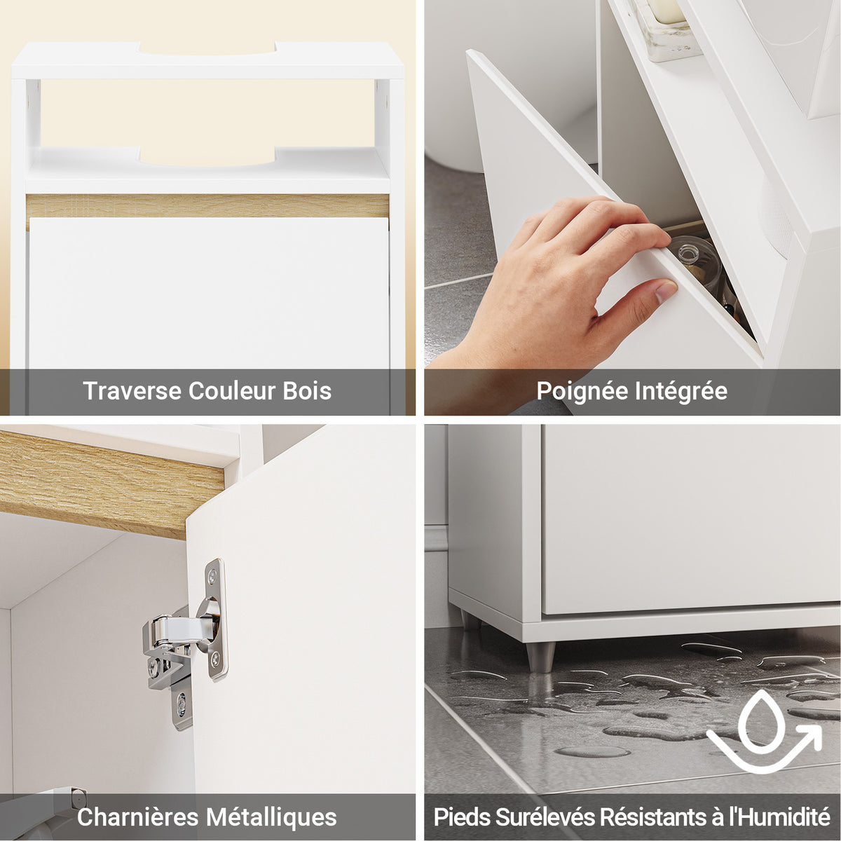 SoBuy BZR222-W Meuble Sous Lavabo Étroit – Découpe en U, 40 × 30 × 60 cm, Niche Ouverte, Blanc et Bois