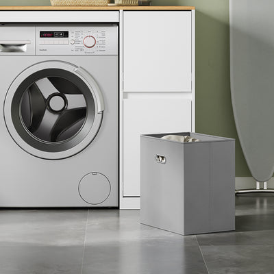 SoBuy BZR223-WN Meuble au-dessus du Lave-Linge 100×60×95 cm – Étendoir Coulissant, Panier à Linge, Sans Panneau Arrière, Blanc et Naturel