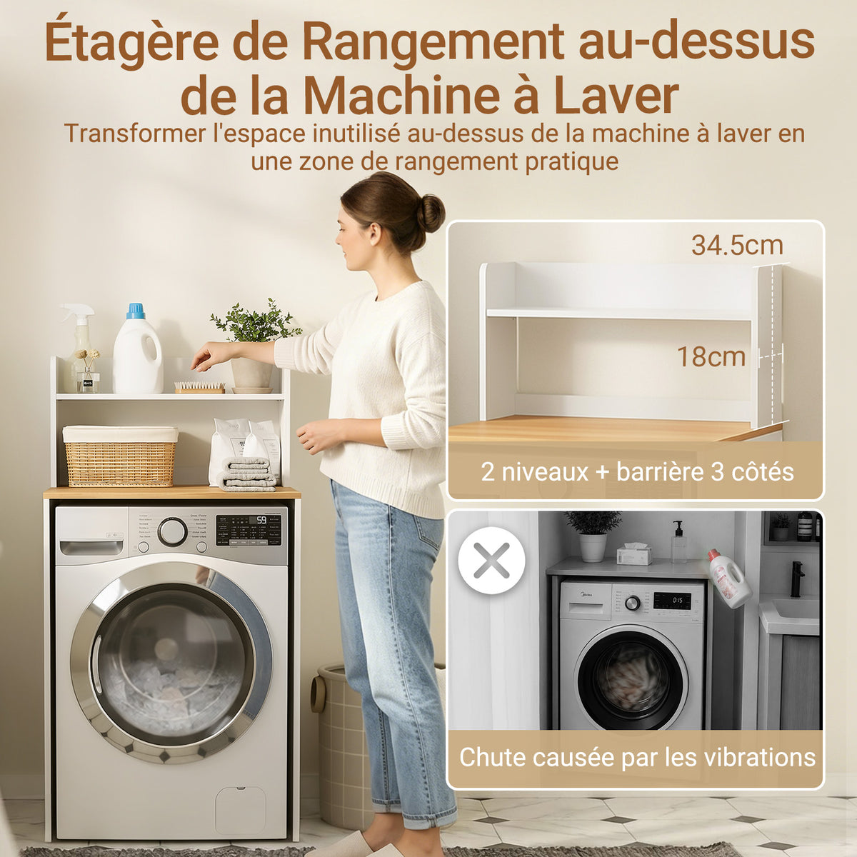 SoBuy BZR224-WN Meuble au-dessus du Lave-Linge 66×60×127 cm – Plan de Travail + Étagère avec Garde-Corps, Sans Panneau Arrière, Blanc et Naturel