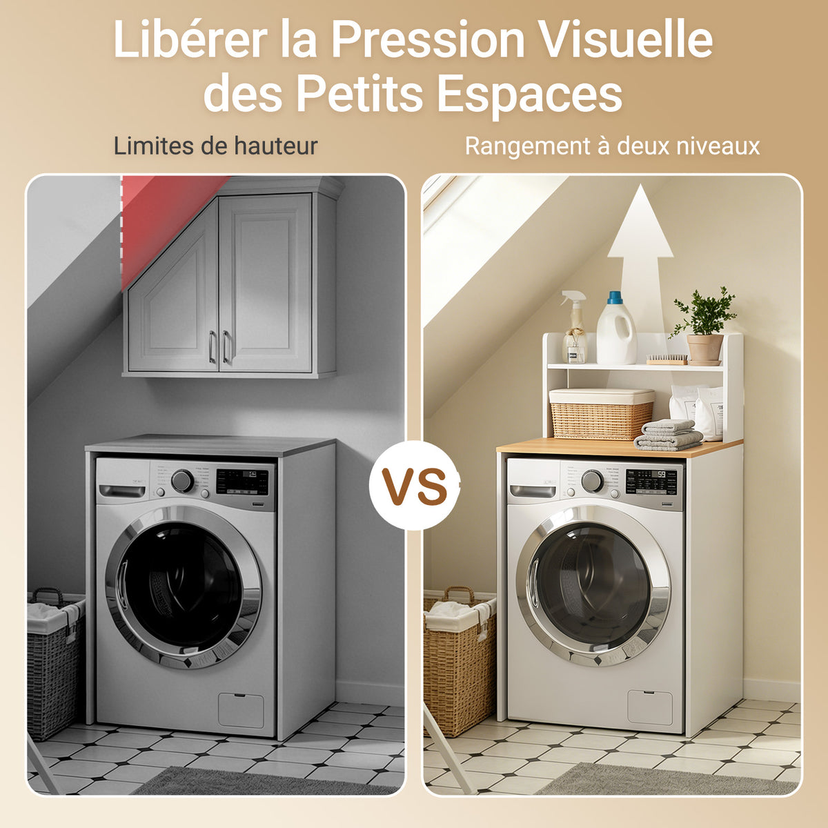 SoBuy BZR224-WN Meuble au-dessus du Lave-Linge 66×60×127 cm – Plan de Travail + Étagère avec Garde-Corps, Sans Panneau Arrière, Blanc et Naturel