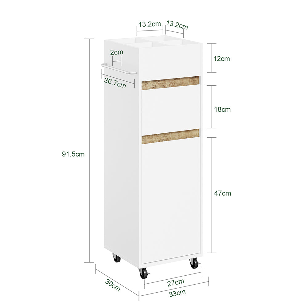 SoBuy BZR225-WN Colonne de Salle de Bain sur Roulettes avec Tiroir – Porte et Étagère, Rangement Vertical – 33×30×91 cm, Blanc