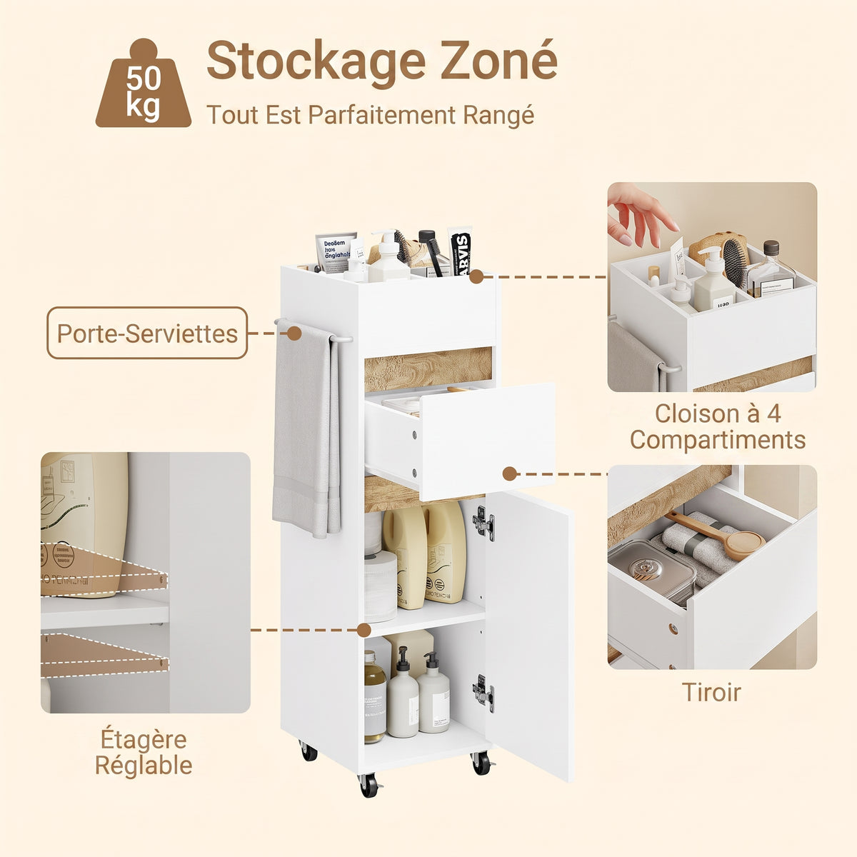 SoBuy BZR225-WN Colonne de Salle de Bain sur Roulettes avec Tiroir – Porte et Étagère, Rangement Vertical – 33×30×91 cm, Blanc