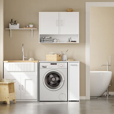 SoBuy BZR229-W Meuble Lave-Linge avec Porte et Tiroir Coulissant – Armoire de Buanderie Encastrable – 90×60×88 cm, Blanc