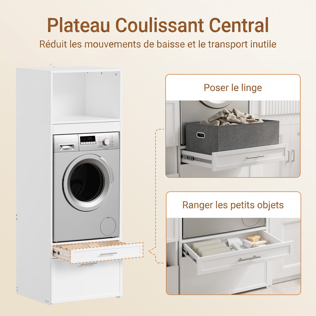 SoBuy BZR230-W Colonne de Buanderie 66 × 60,5 × 186 cm – 2 Tiroirs et Tringle Escamotable, Blanc