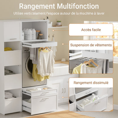 SoBuy BZR230-W Colonne de Buanderie 66 × 60,5 × 186 cm – 2 Tiroirs et Tringle Escamotable, Blanc