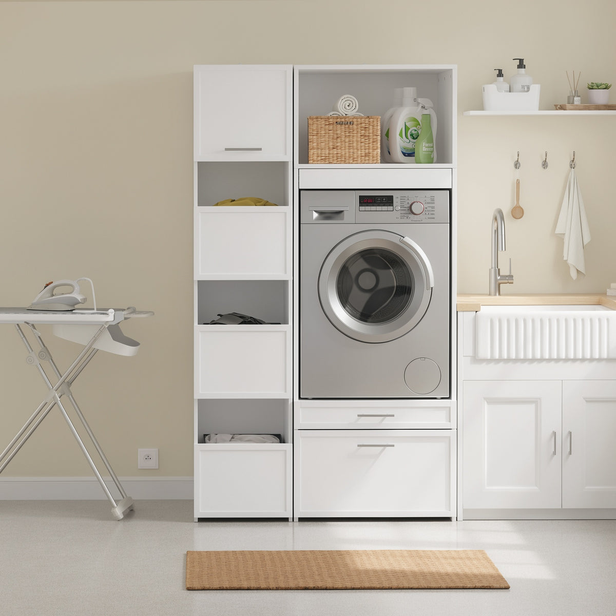 SoBuy BZR232-W Armoire de Rangement 4 Portes pour Buanderie – Compartiments Ouverts et Étagères – 60×40×186,4 cm, Blanc