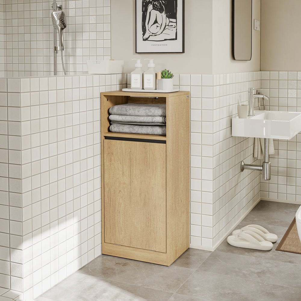 SoBuy BZR236-E-N Meuble de Salle de Bain avec Panier à Linge Basculant – Placard Étroit Gain de Place avec Éclairage LED à Détecteur, Effet Chêne Clair – 40×30×90 cm, Charge 30 kg