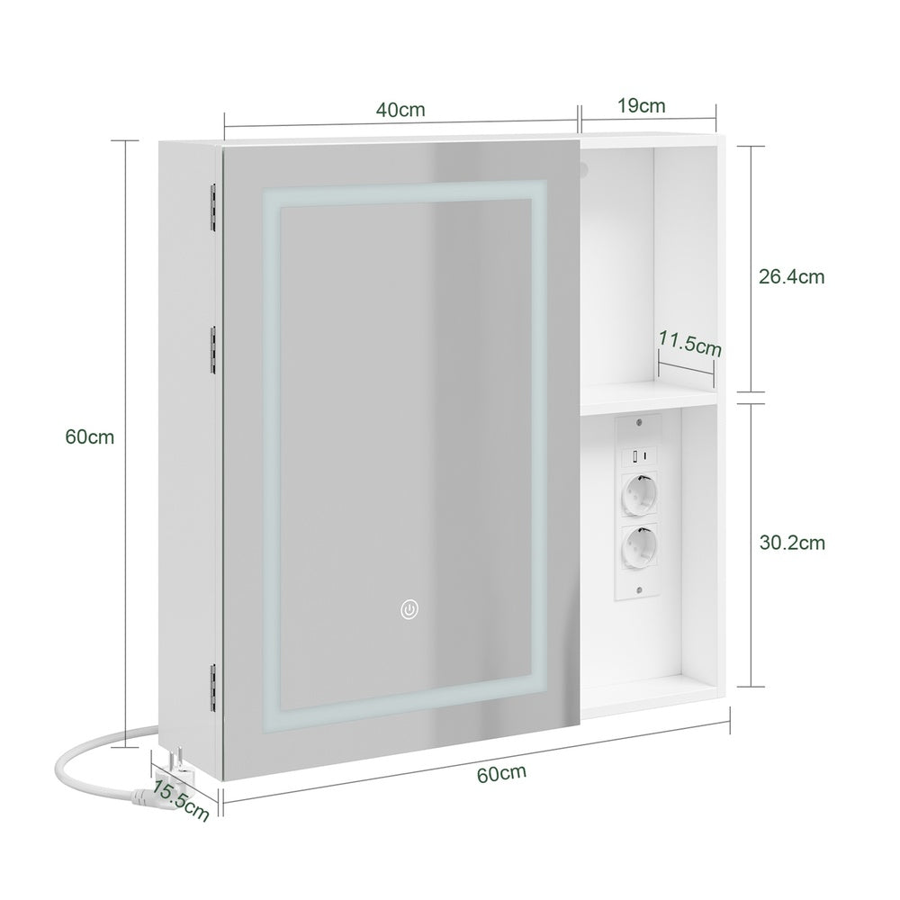 SoBuy BZR239-E-W Armoire Miroir de Salle de Bain avec LED et Prises – Meuble Mural, Étagères – 60×15,5×60 cm, Blanc