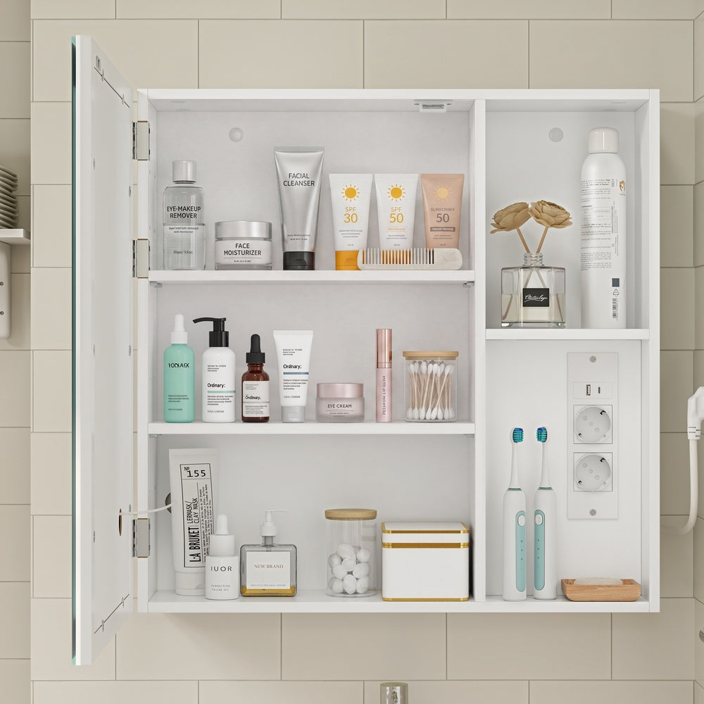 SoBuy BZR239-E-W Armoire Miroir de Salle de Bain avec LED et Prises – Meuble Mural, Étagères – 60×15,5×60 cm, Blanc