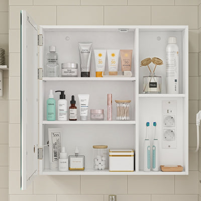 SoBuy BZR239-E-W Armoire Miroir de Salle de Bain avec LED et Prises – Meuble Mural, Étagères – 60×15,5×60 cm, Blanc