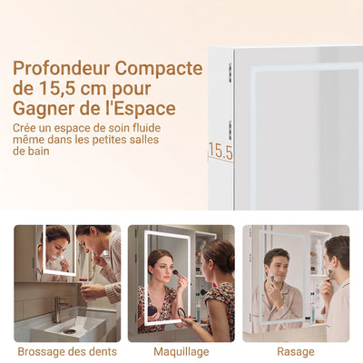 SoBuy BZR239-E-W Armoire Miroir de Salle de Bain avec LED et Prises – Meuble Mural, Étagères – 60×15,5×60 cm, Blanc