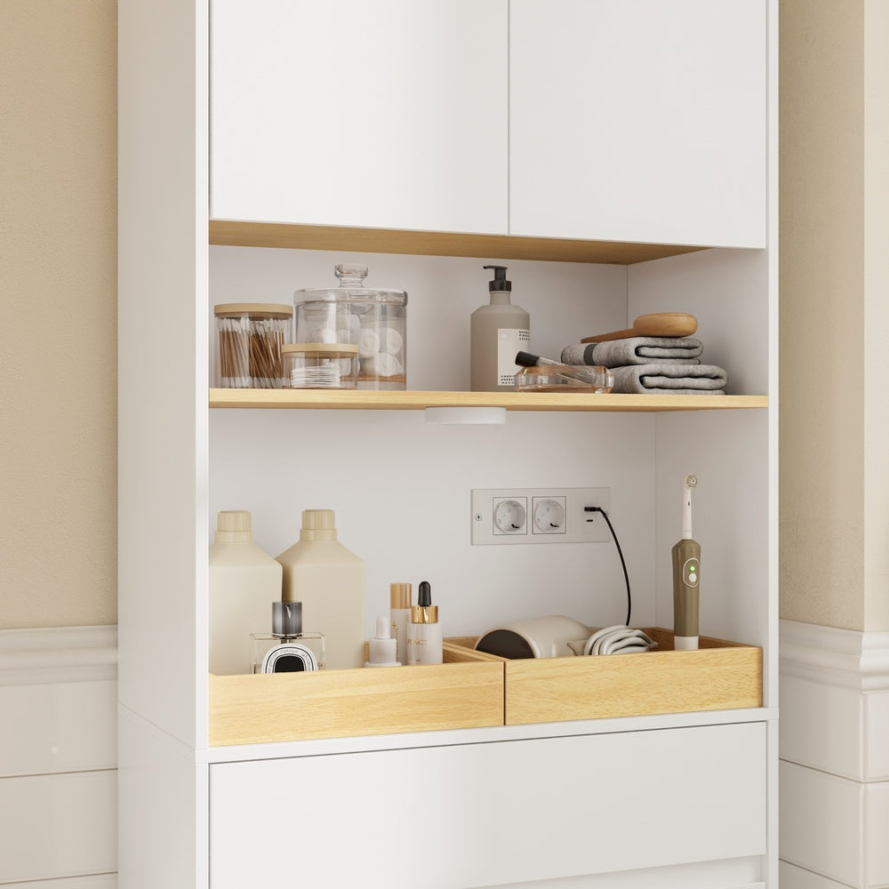 SoBuy BZR241-E-W Colonne de Salle de Bain Blanche avec Éclairage Intégré – 3 Portes, Panier à Linge Dissimulé, Style Scandinave – 60×30×180 cm, Charge 85 kg