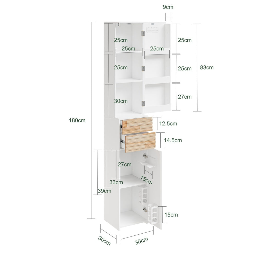 SoBuy BZR244-WN Armoire Haute de Salle de Bain Blanche avec 2 Tiroirs – Colonne de Rangement avec 4 Étagères, Panneau Mélaminé – 30×30×180 cm, Charge 39 kg