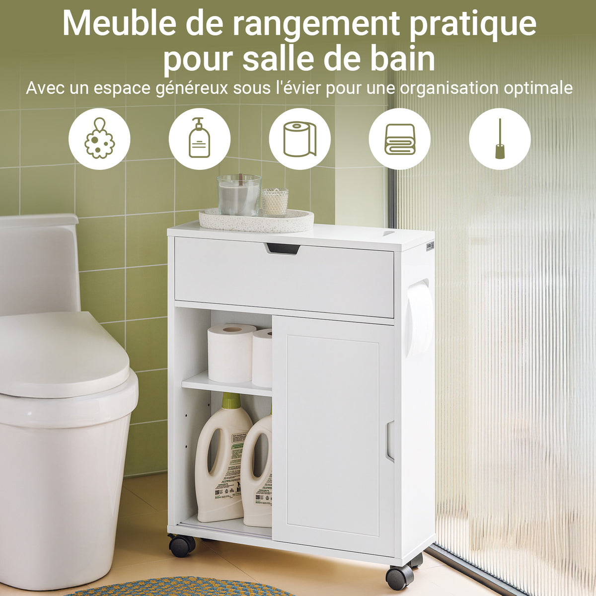 SoBuy BZR31-W Armoire Salle de Bain avec Roulettes et Portes Coulissantes, Gain de Place, Usage Polyvalent, Mobile, Rangement Optimisé – L52×P17×H68 cm, Blanc
