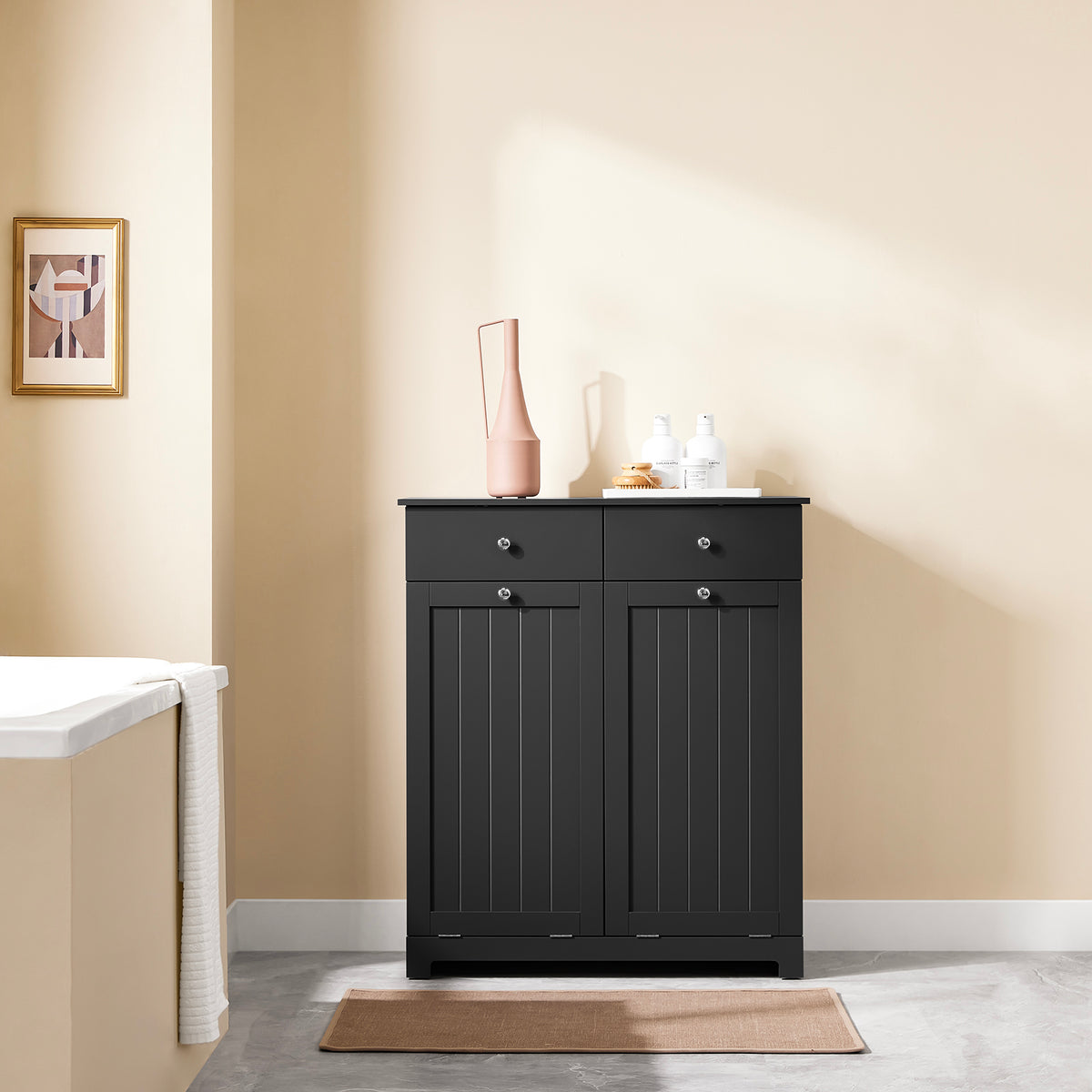 SoBuy BZR33-II-SCH Meuble Salle de Bain avec 2 Sacs à Linge 45 L et 2 Tiroirs – L78×P38×H91 cm, Charge 70 kg, MDF E1, Noir