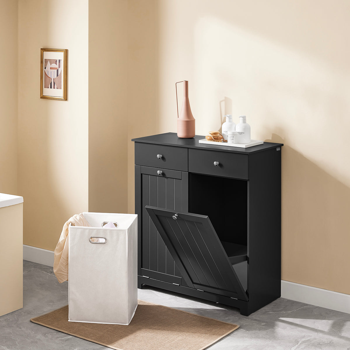 SoBuy BZR33-II-SCH Meuble Salle de Bain avec 2 Sacs à Linge 45 L et 2 Tiroirs – L78×P38×H91 cm, Charge 70 kg, MDF E1, Noir