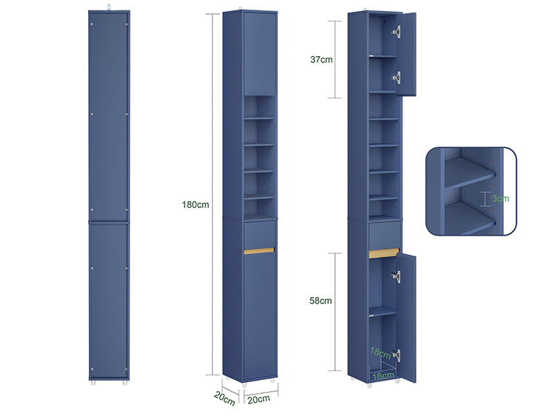 SoBuy BZR34-II-B Colonne Bleue Design – Meuble WC Ultra-Fin 20 cm, Décoratif, 180 cm