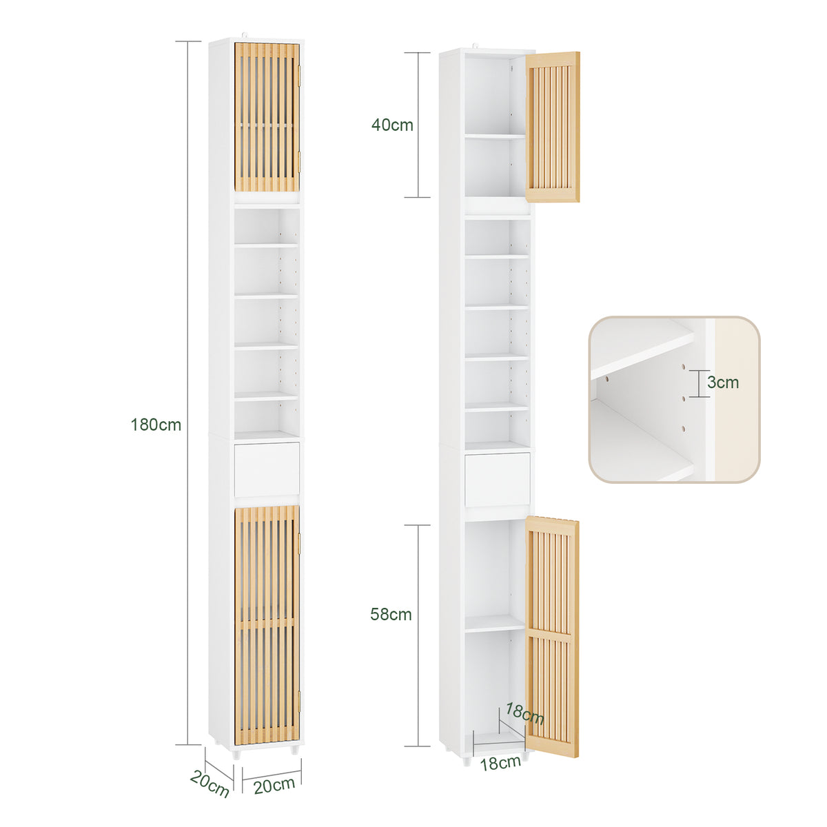 SoBuy BZR34-BW Colonne Bambou Style Naturel – Meuble WC Étroit 20 cm, Ventilé, Blanc