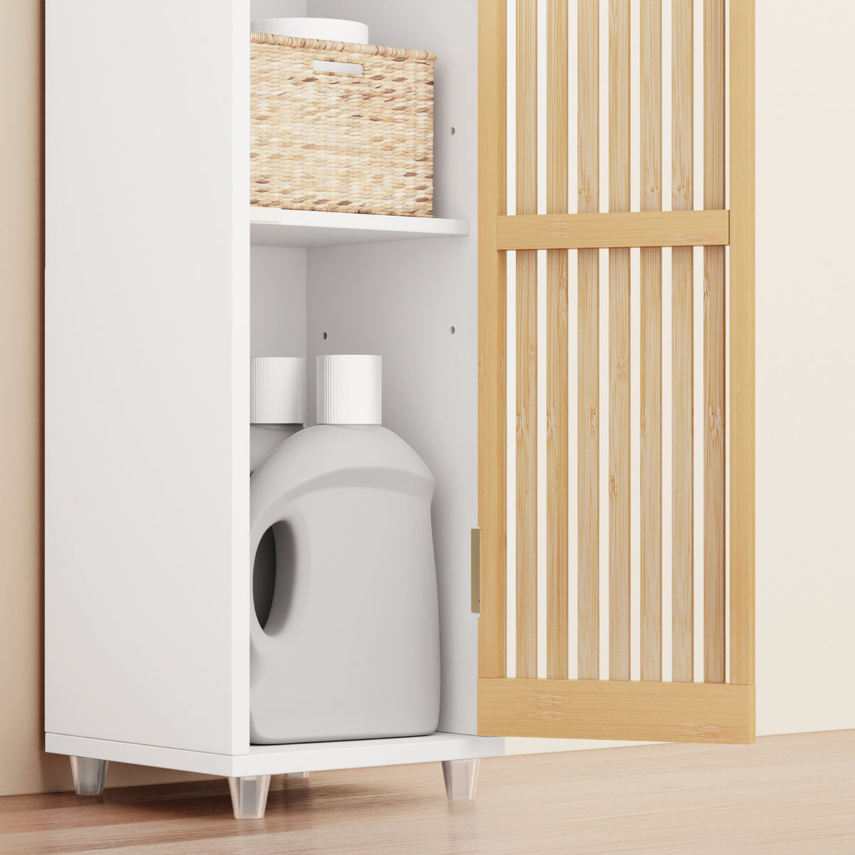 SoBuy BZR34-BW Colonne Bambou Style Naturel – Meuble WC Étroit 20 cm, Ventilé, Blanc