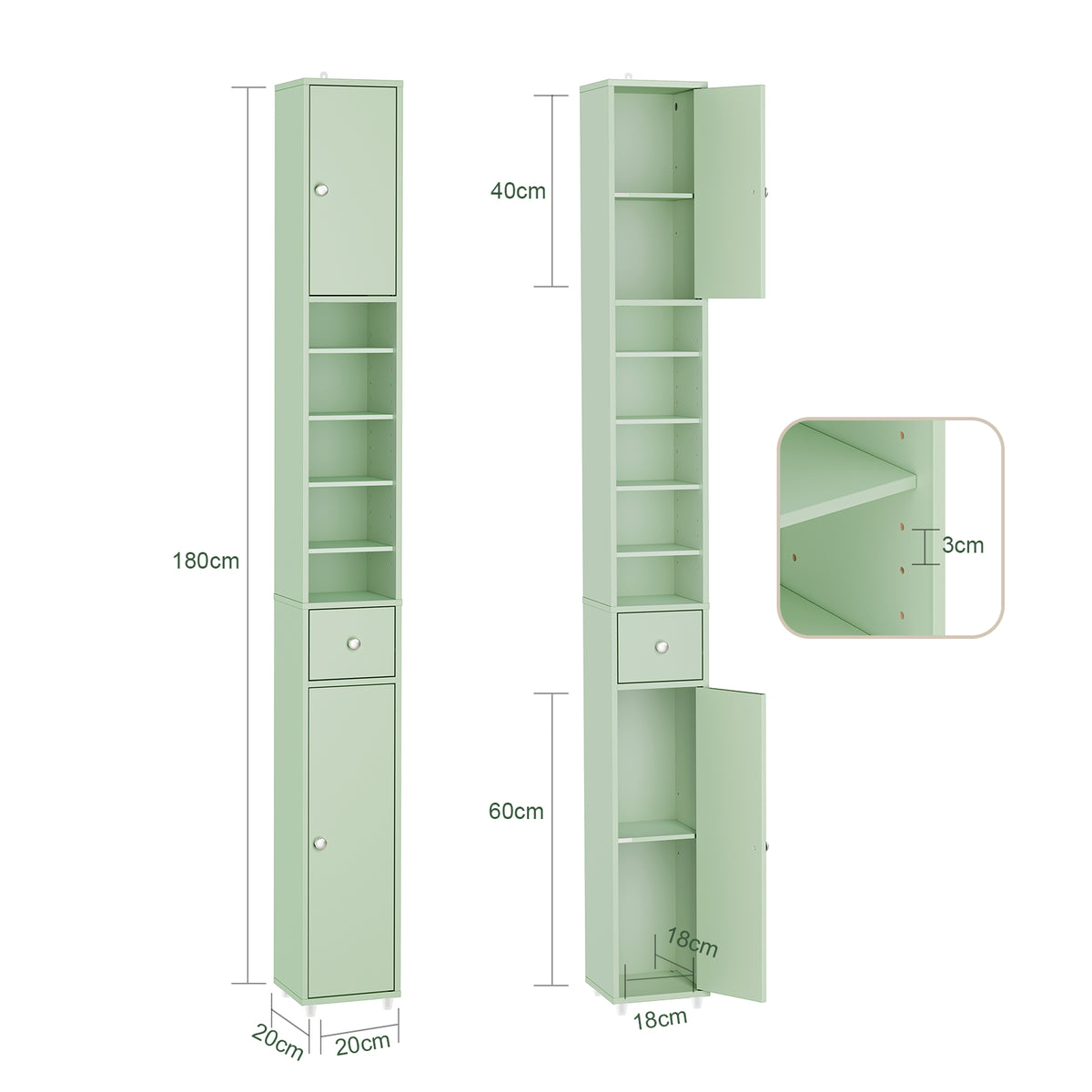 SoBuy BZR34-II-GR Colonne Salle de Bain Ultra-Étroite 20×20×180 cm – Tiroir Central, Étagères Réglables, Vert Clair