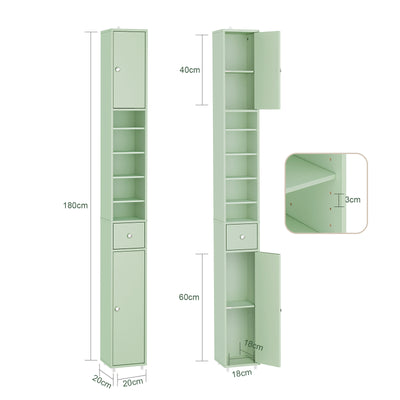 SoBuy BZR34-II-GR Colonne Salle de Bain Ultra-Étroite 20×20×180 cm – Tiroir Central, Étagères Réglables, Vert Clair