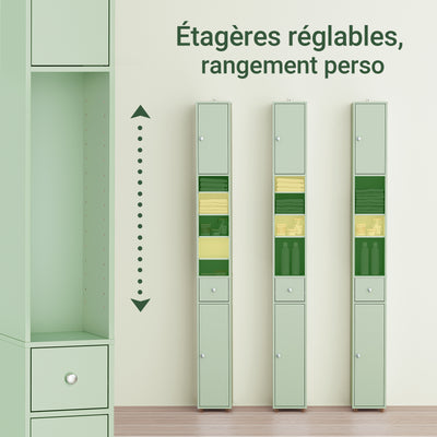 SoBuy BZR34-II-GR Colonne Salle de Bain Ultra-Étroite 20×20×180 cm – Tiroir Central, Étagères Réglables, Vert Clair