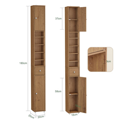 SoBuy BZR34-II-PF Colonne Salle de Bain Ultra-Étroite 20 cm – 4 Étagères Réglables et Tiroir – Effet Bois
