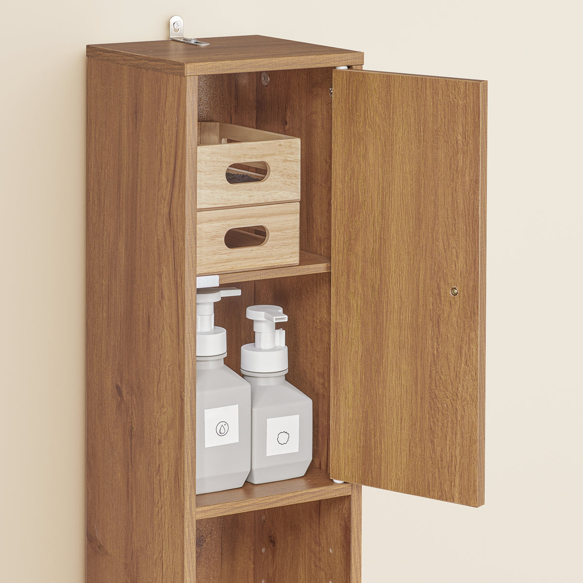 SoBuy BZR34-II-PF Colonne Salle de Bain Ultra-Étroite 20 cm – 4 Étagères Réglables et Tiroir – Effet Bois