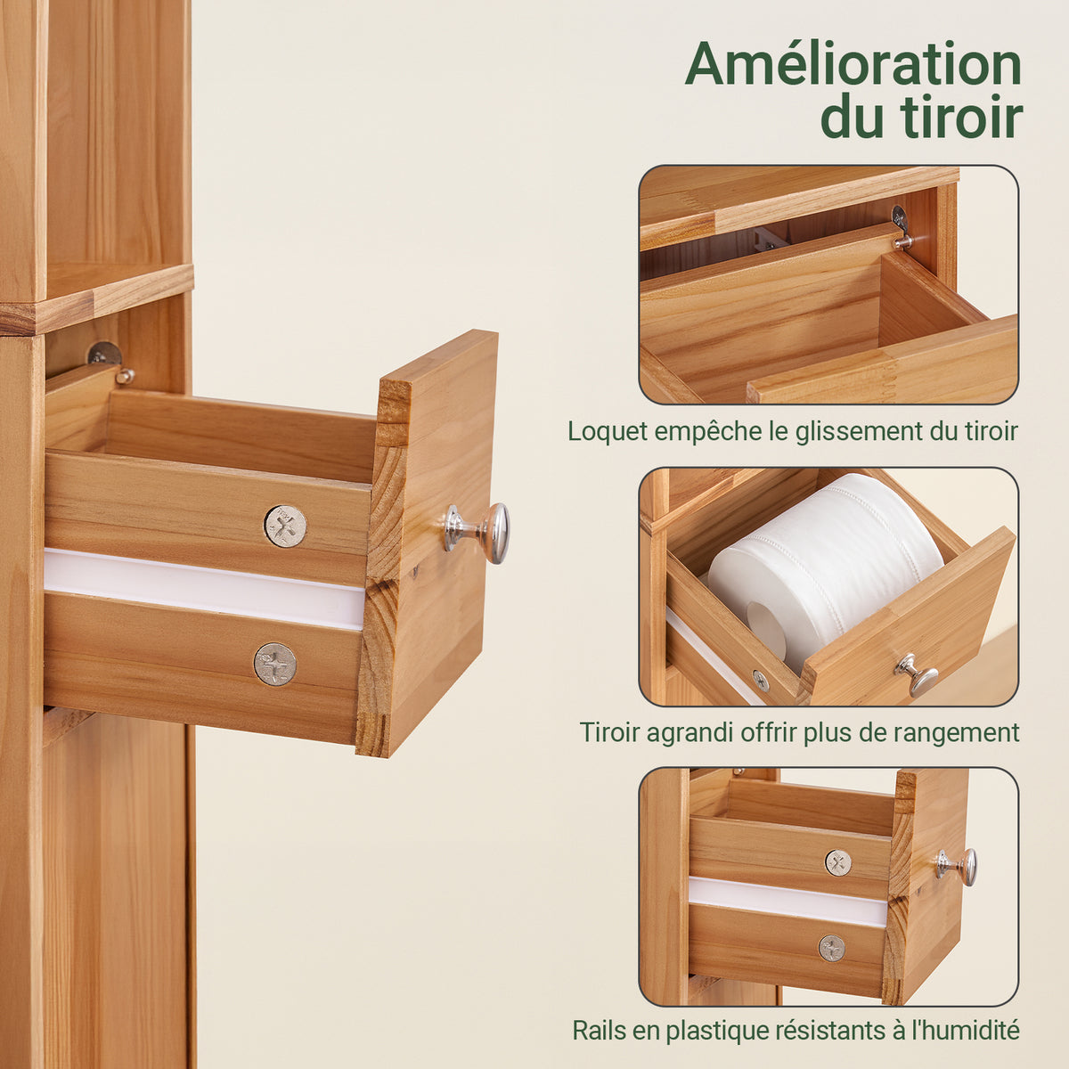 SoBuy BZR34-II-SH Colonne Salle de Bain Ultra-Étroite en Pin Massif, 4 Étagères Réglables et Tiroir, Anti-Basculement – Charge 25 kg – 20×20×180 cm, Bois