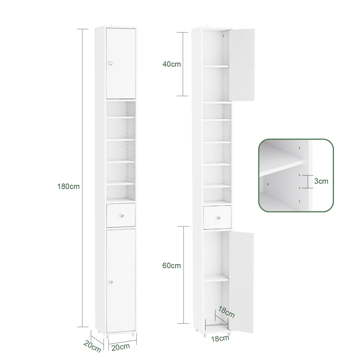 SoBuy BZR34-II-W Colonne Salle de Bain Étroite 20 cm – Rangement Gain de Place Blanc
