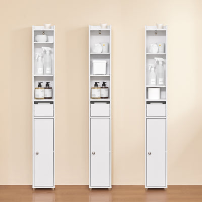 SoBuy BZR34-K-W Colonne Salle de Bain Ultra-Étroite 20×20×145 cm – 7 Niveaux, Porte et Tiroir, Blanc