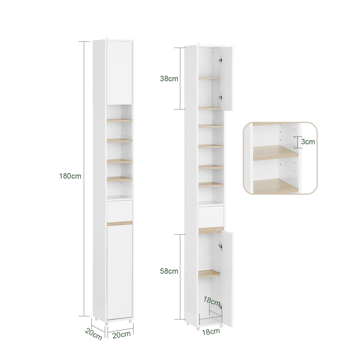SoBuy BZR34-WN Meuble Étroit 20 cm – Colonne WC Gain de Place 180 cm, 2 Portes et 1 Tiroir, Blanc-Nature