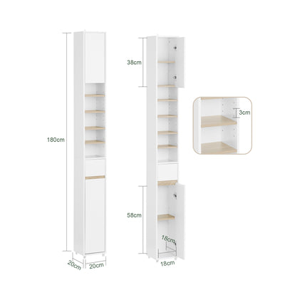 SoBuy BZR34-WN Meuble Étroit 20 cm – Colonne WC Gain de Place 180 cm, 2 Portes et 1 Tiroir, Blanc-Nature