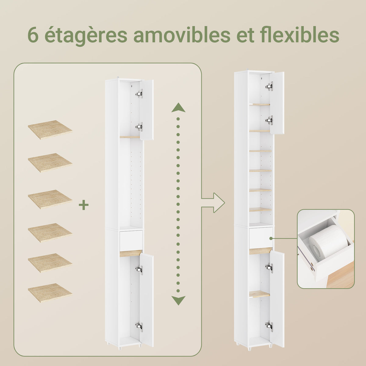 SoBuy BZR34-WN Meuble Étroit 20 cm – Colonne WC Gain de Place 180 cm, 2 Portes et 1 Tiroir, Blanc-Nature