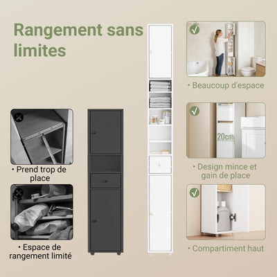 SoBuy BZR34-WN Meuble Étroit 20 cm – Colonne WC Gain de Place 180 cm, 2 Portes et 1 Tiroir, Blanc-Nature