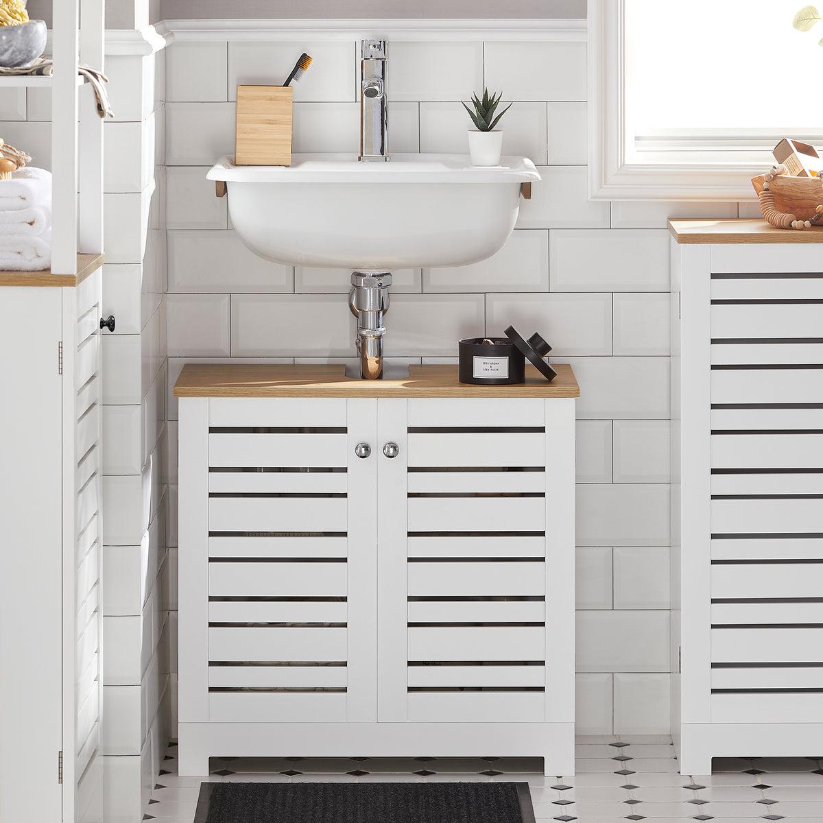 SoBuy BZR40-W Meuble Sous-Lavabo Meuble Sous-Vasque à 2 étages et 2 Portes Meuble de Rangement de Salle de Bain