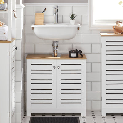 SoBuy BZR40-W Meuble Sous-Lavabo Meuble Sous-Vasque à 2 étages et 2 Portes Meuble de Rangement de Salle de Bain