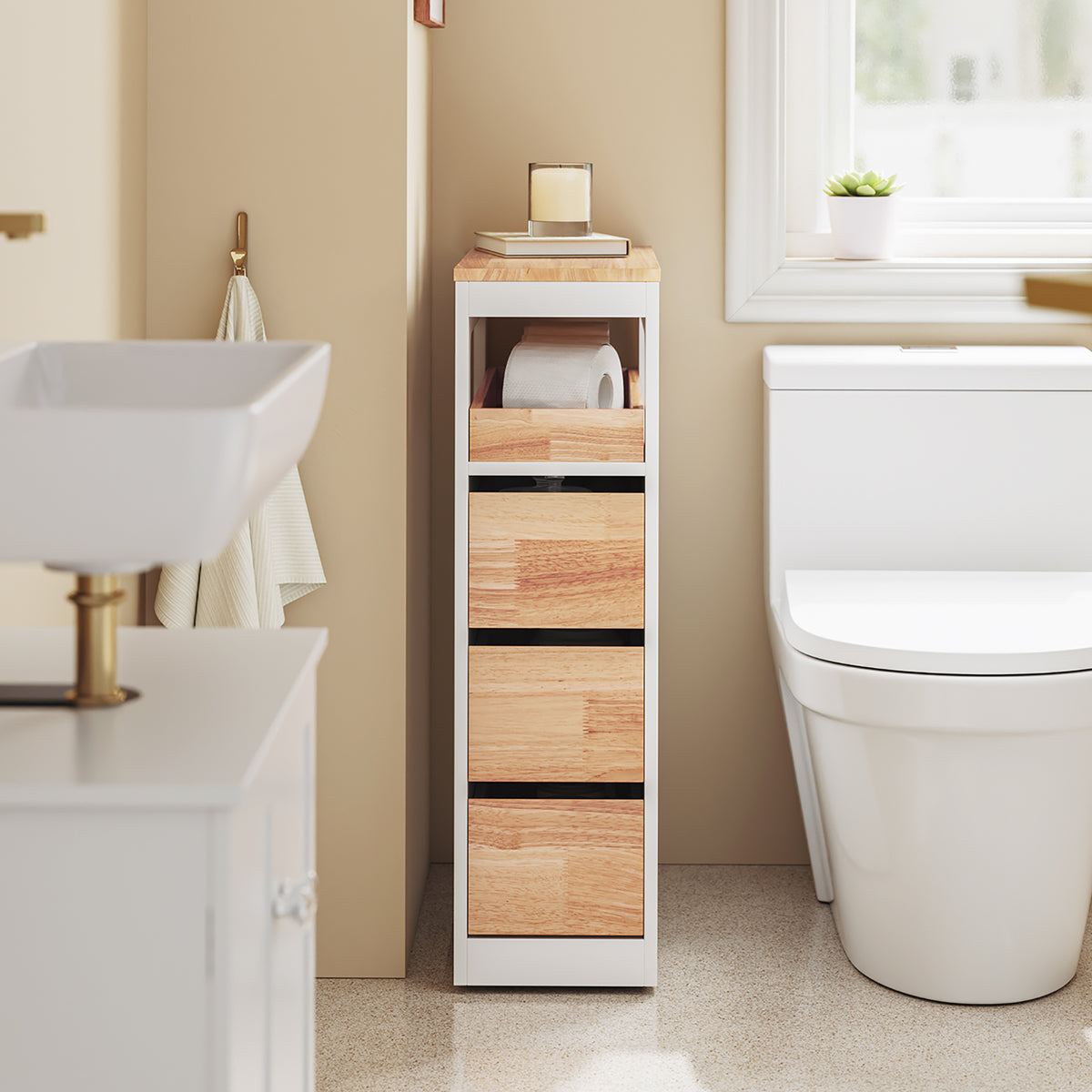 SoBuy BZR54-III-WN Meuble Salle de Bain Slim 23 cm à Roulettes – 3 Tiroirs – Blanc et Bois Naturel