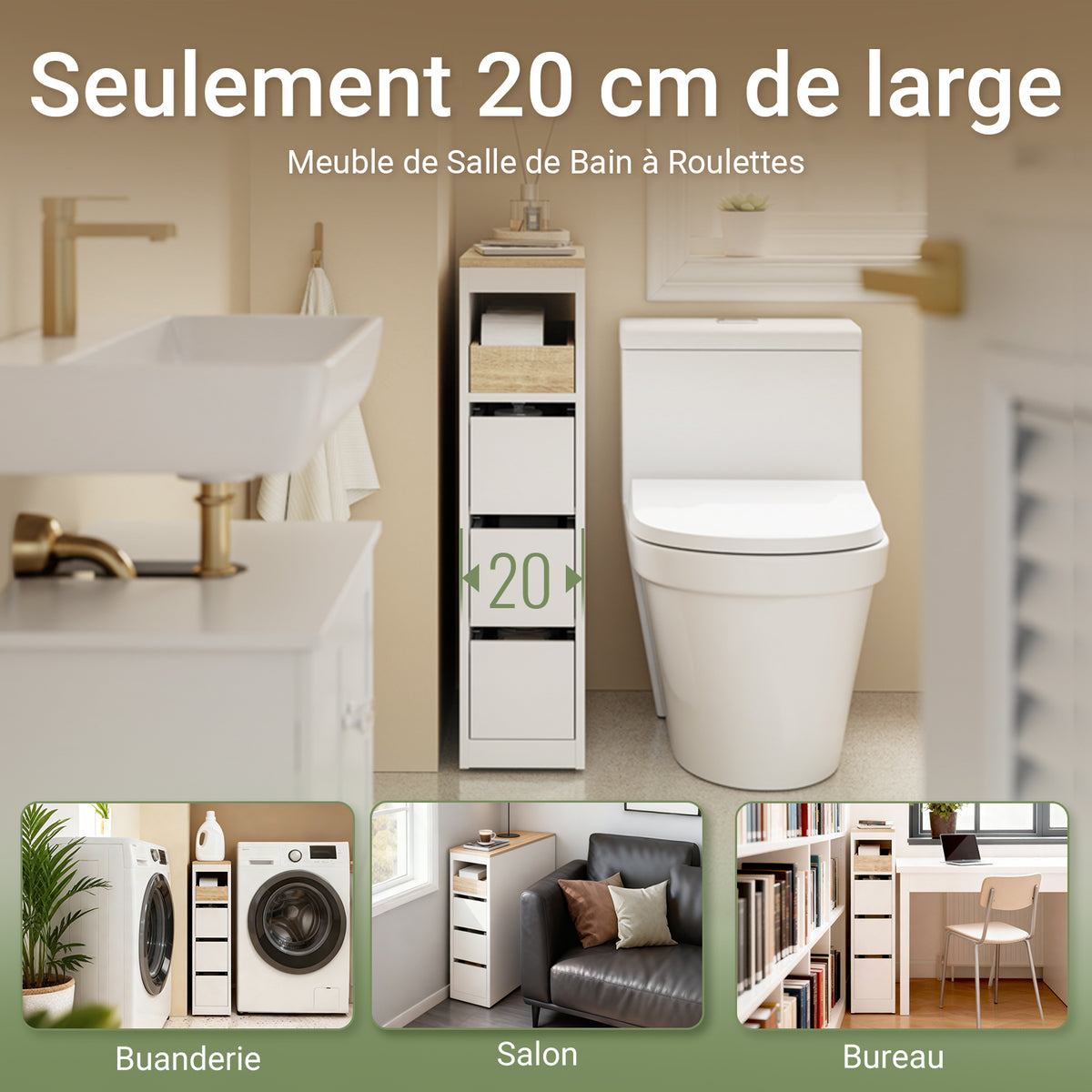 SoBuy BZR54-K-W Meuble WC Rangement 20 cm – 3 Tiroirs, Étagère Mobile, Roulettes Discrètes, Anti-Basculement – 60×20×82 cm, Blanc