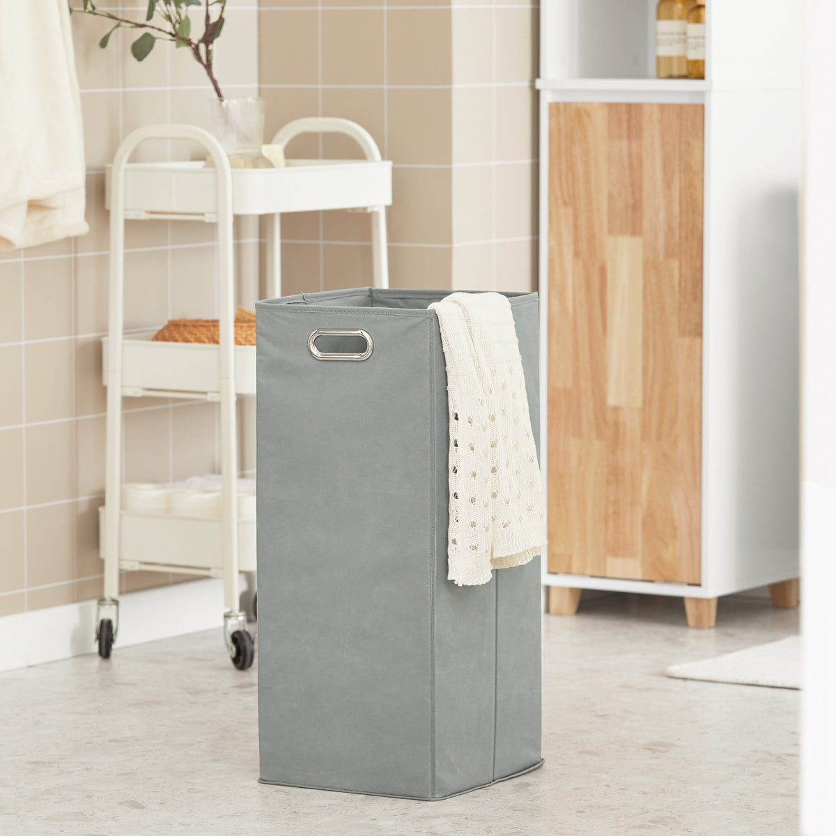 SoBuy BZR74-W Colonne Salle de Bain Style Naturel avec Panier à Linge – Blanc Bois, 170 cm