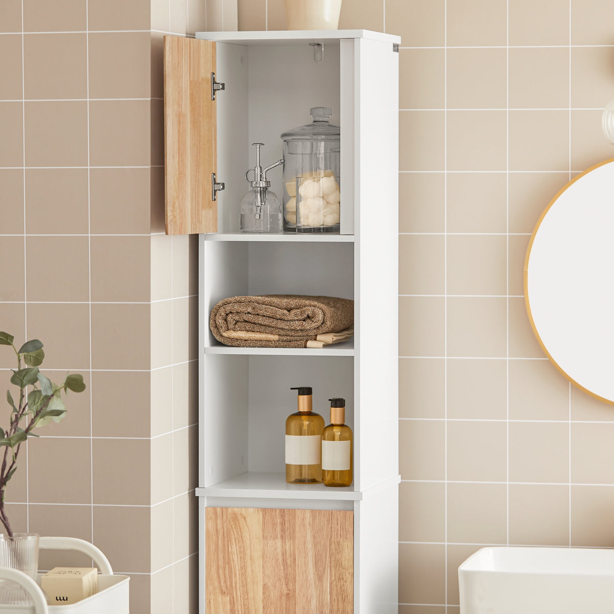 SoBuy BZR74-W Colonne Salle de Bain Style Naturel avec Panier à Linge – Blanc Bois, 170 cm